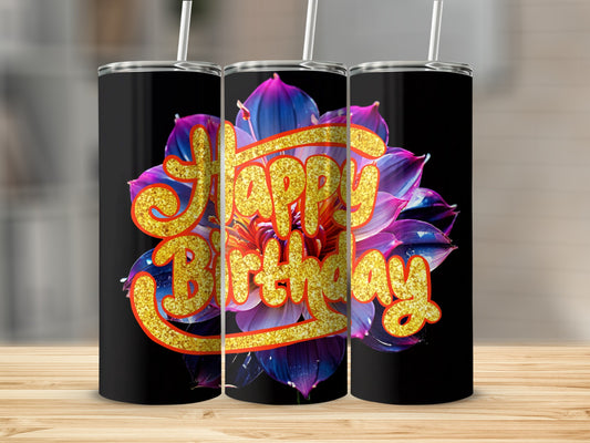 Black tumbler with "Happy Birthday" text over a vibrant purple and pink flower.