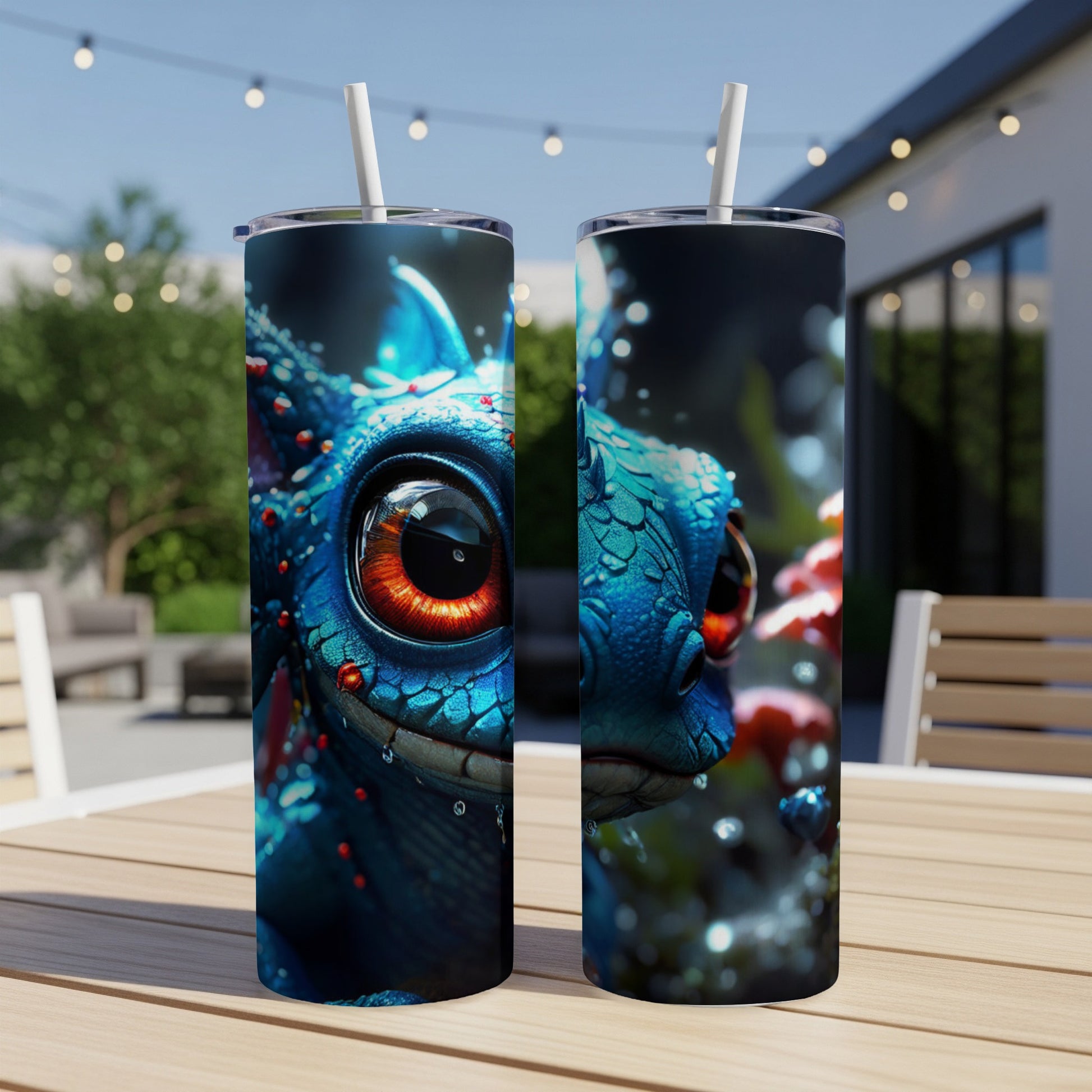 Two tumblers featuring a close-up of a blue, scaly creature with large, red eyes.