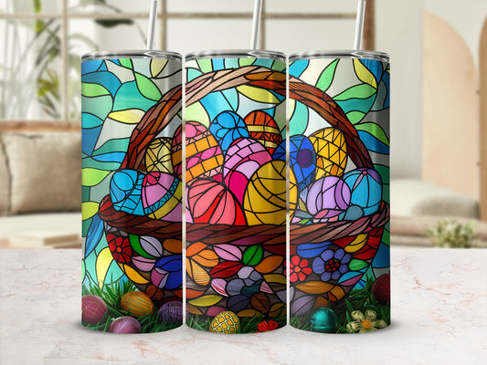 Easter basket with stained glass design and colorful eggs.