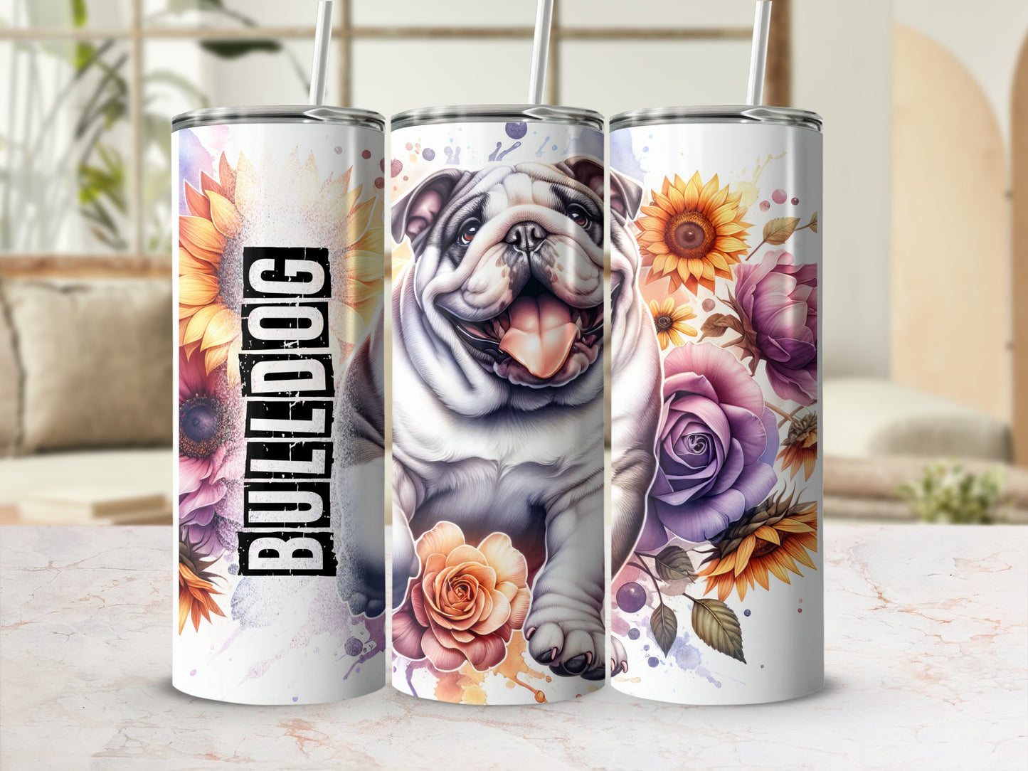 Bulldog with sunflowers and roses on three patterned tumblers.