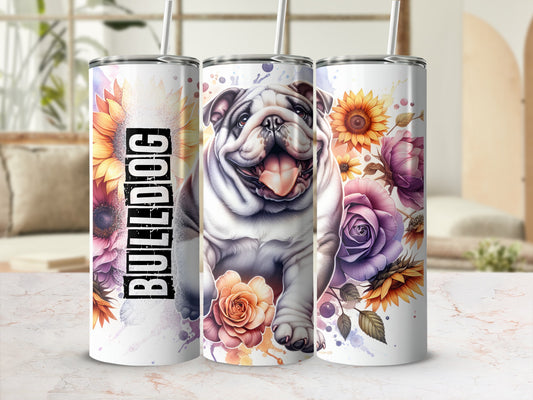 Bulldog with sunflowers and roses on three patterned tumblers.