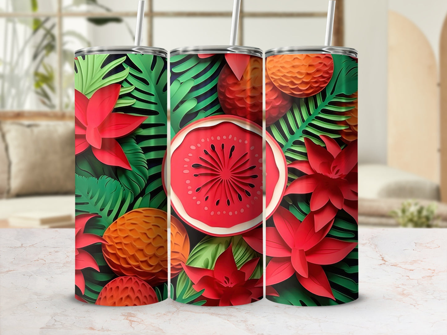 Tropical Floral and Fruit Insulated Tumbler Cups