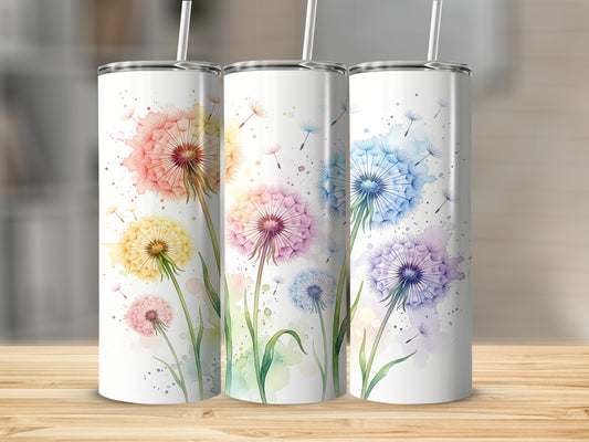Three tumblers with colorful dandelion watercolor designs.