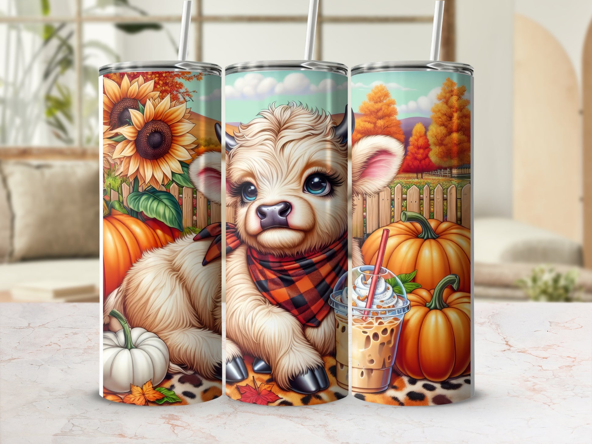 Cute cow with sunflowers, pumpkins, and autumn leaves.