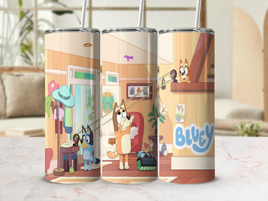 Bluey and Bingo characters on a colorful tumbler with indoor scene background.