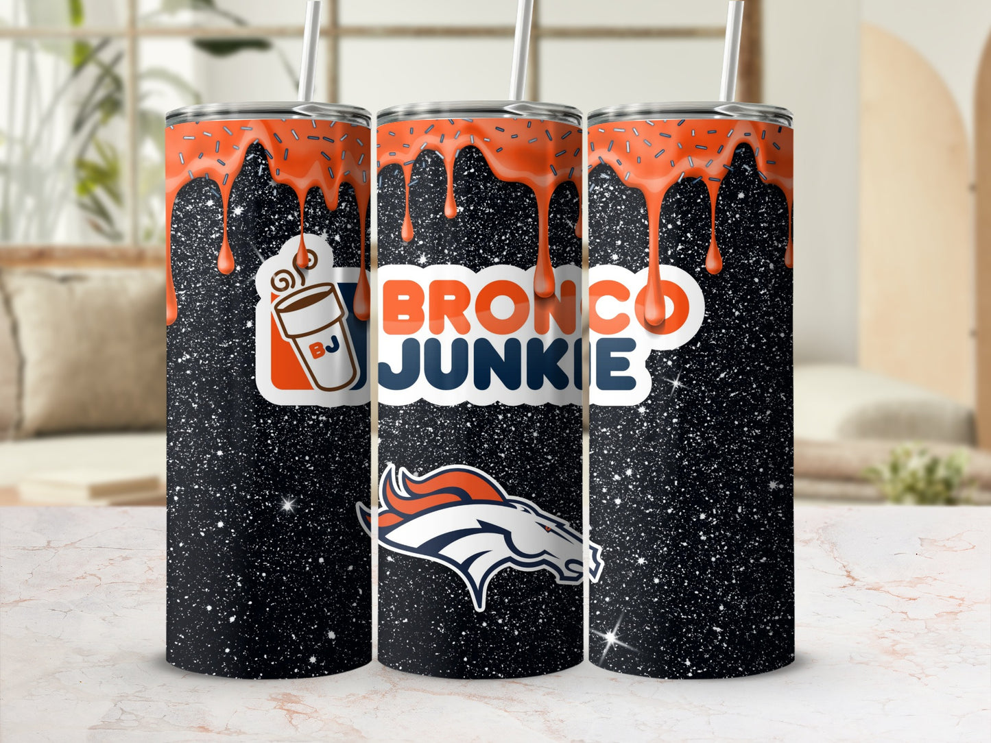 Bronco Junkie Tumbler with Dripping Design on Black Background