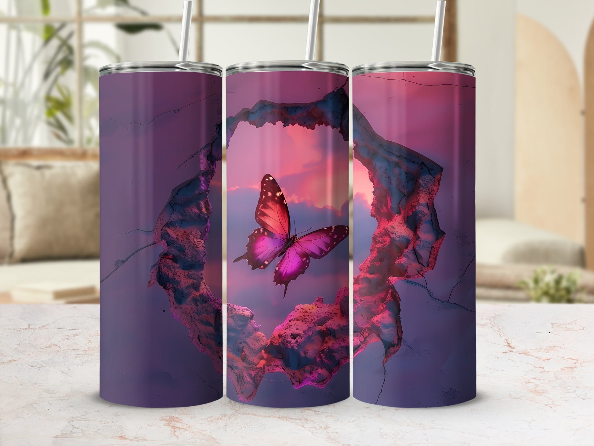 Three tumblers display a pink butterfly emerging from a purple, cracked opening.