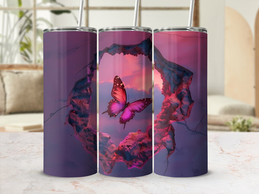Three tumblers display a pink butterfly emerging from a purple, cracked opening.