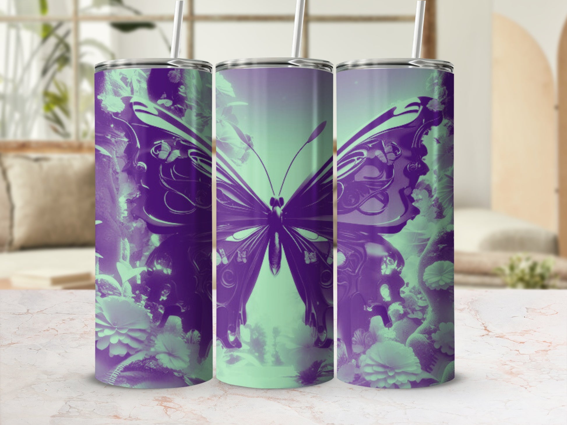 Purple butterfly and floral design on a green gradient tumbler.