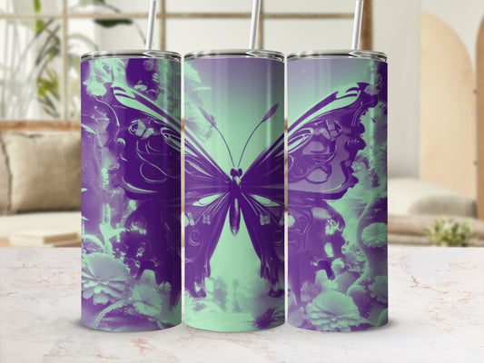 Purple butterfly and floral design on a green gradient tumbler.