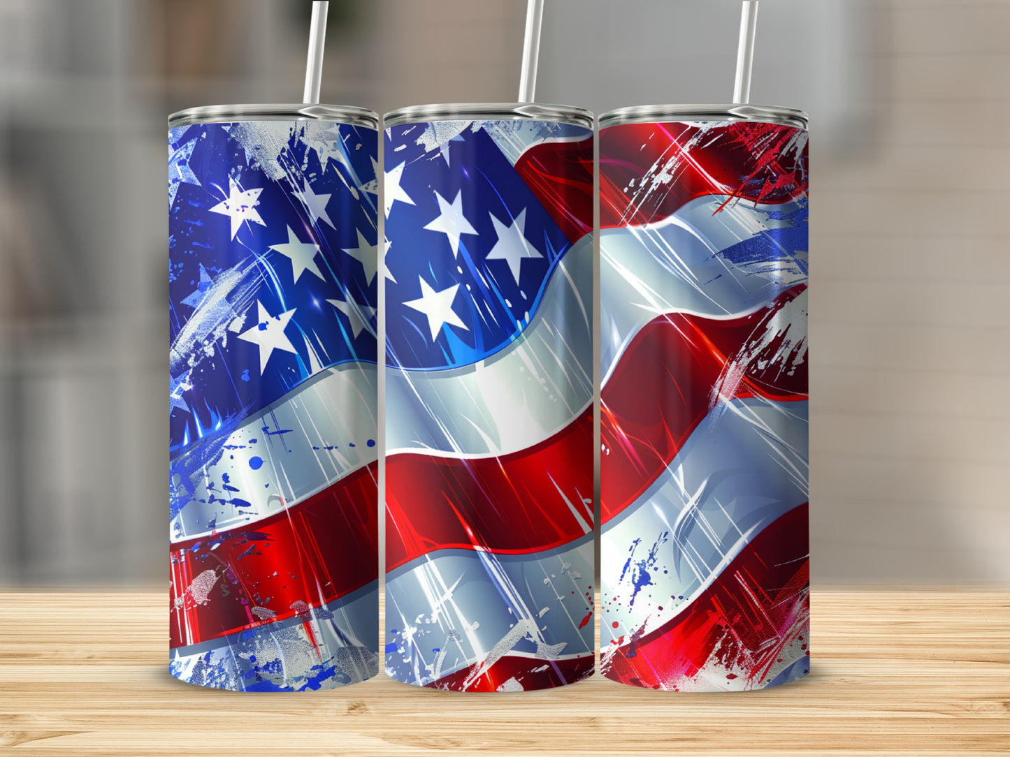 Three tumblers with a distressed American flag design.