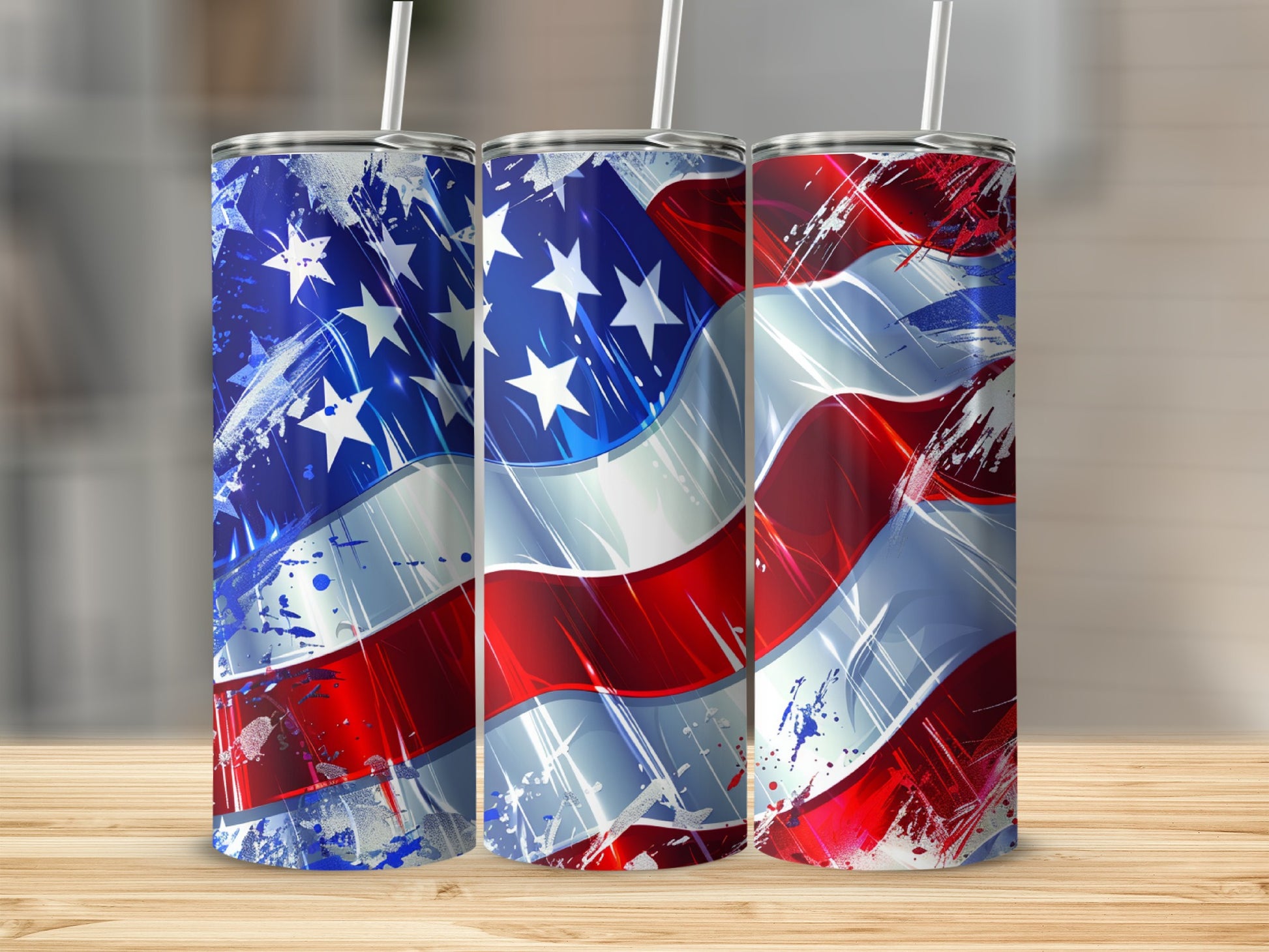 Three tumblers with a distressed American flag design.
