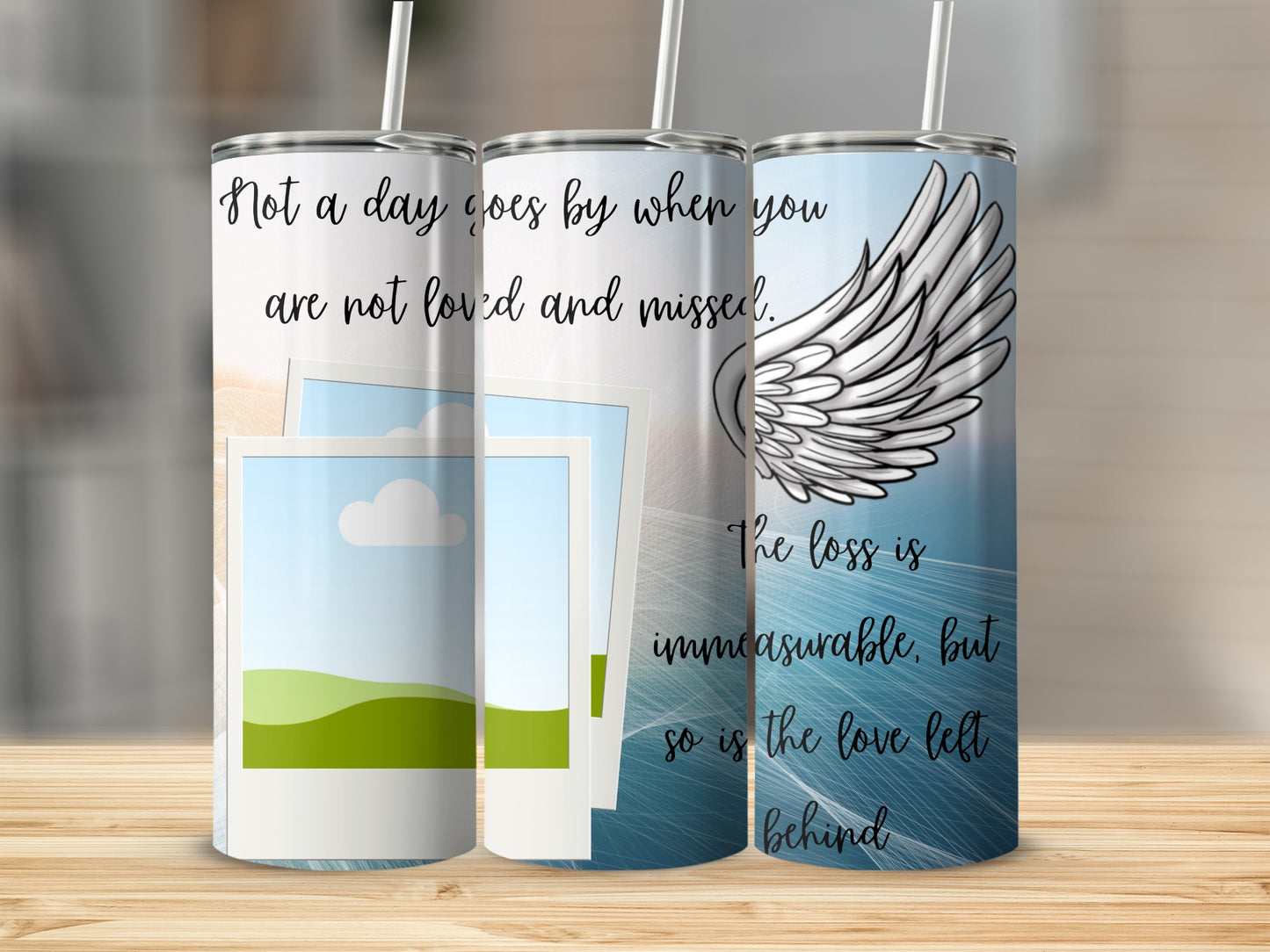 Three tumblers with memorial quotes and angelic wings, one with photo frames.