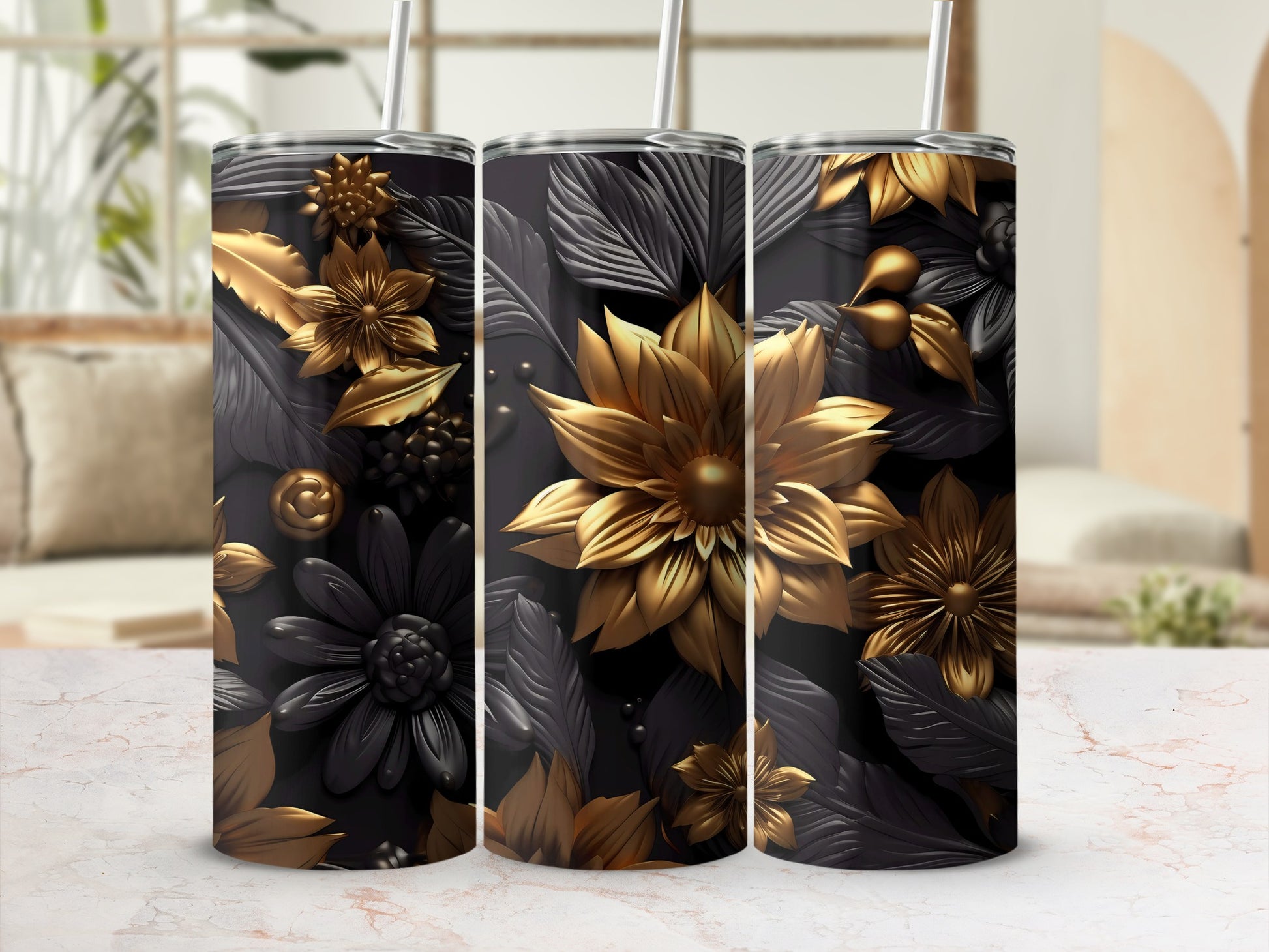Elegant Black and Gold Floral Pattern Tumbler Cups
