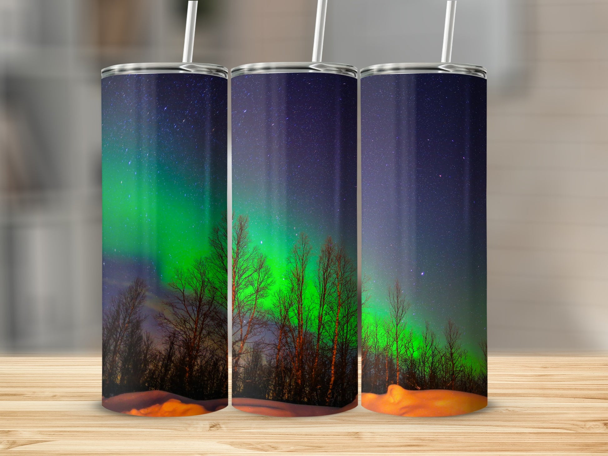 Northern Lights Sky and Forest Design Tumbler Cup