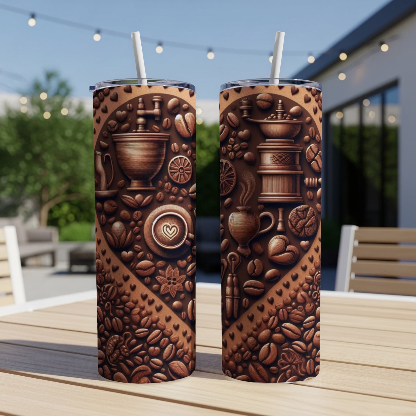 Two coffee-themed tumblers with embossed heart and coffee bean designs.