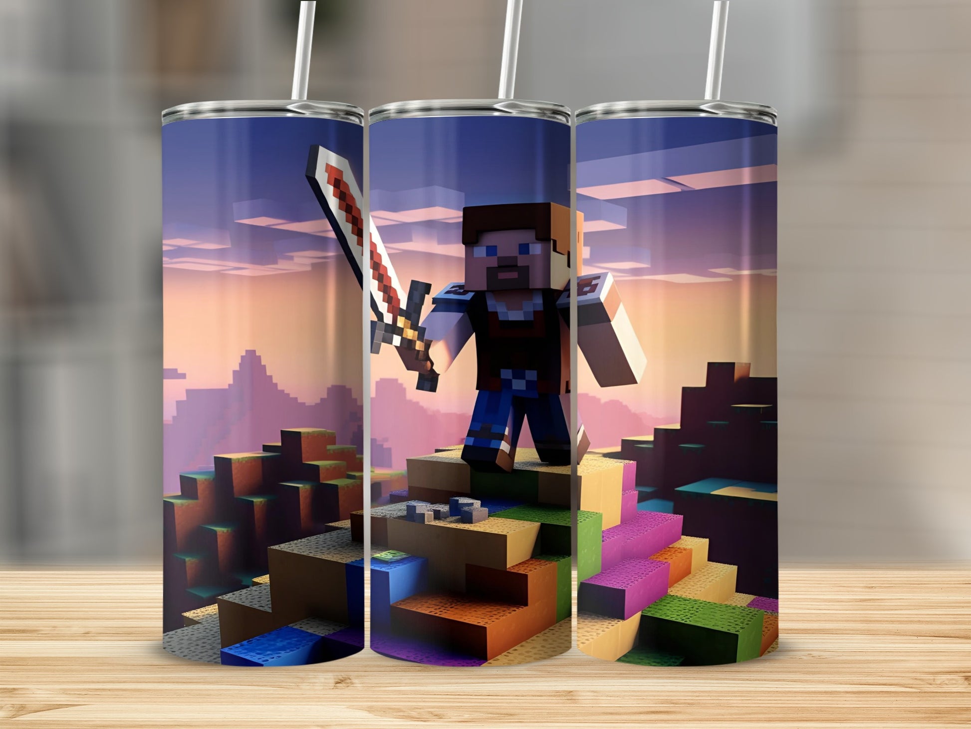 Minecraft character with sword standing on colorful blocks with sunset sky.