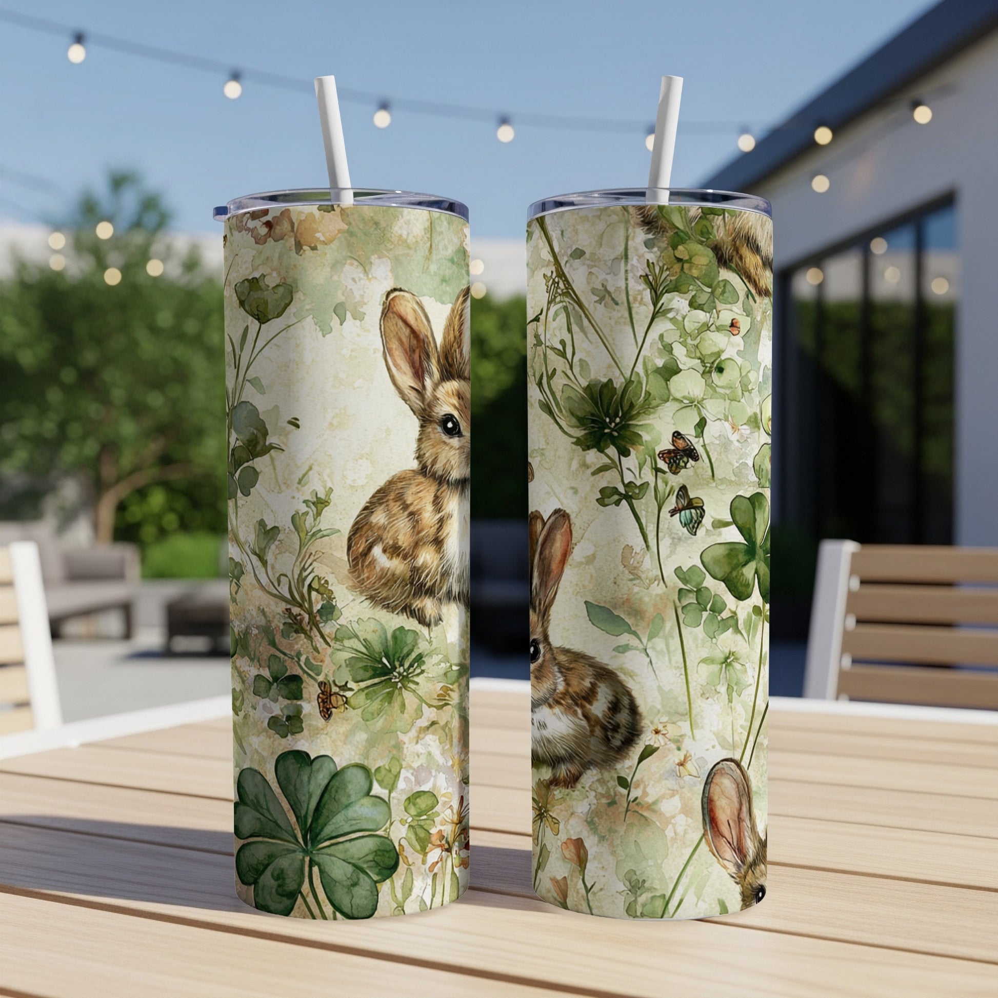 Two tumblers with a whimsical bunny and floral design sit on a table.