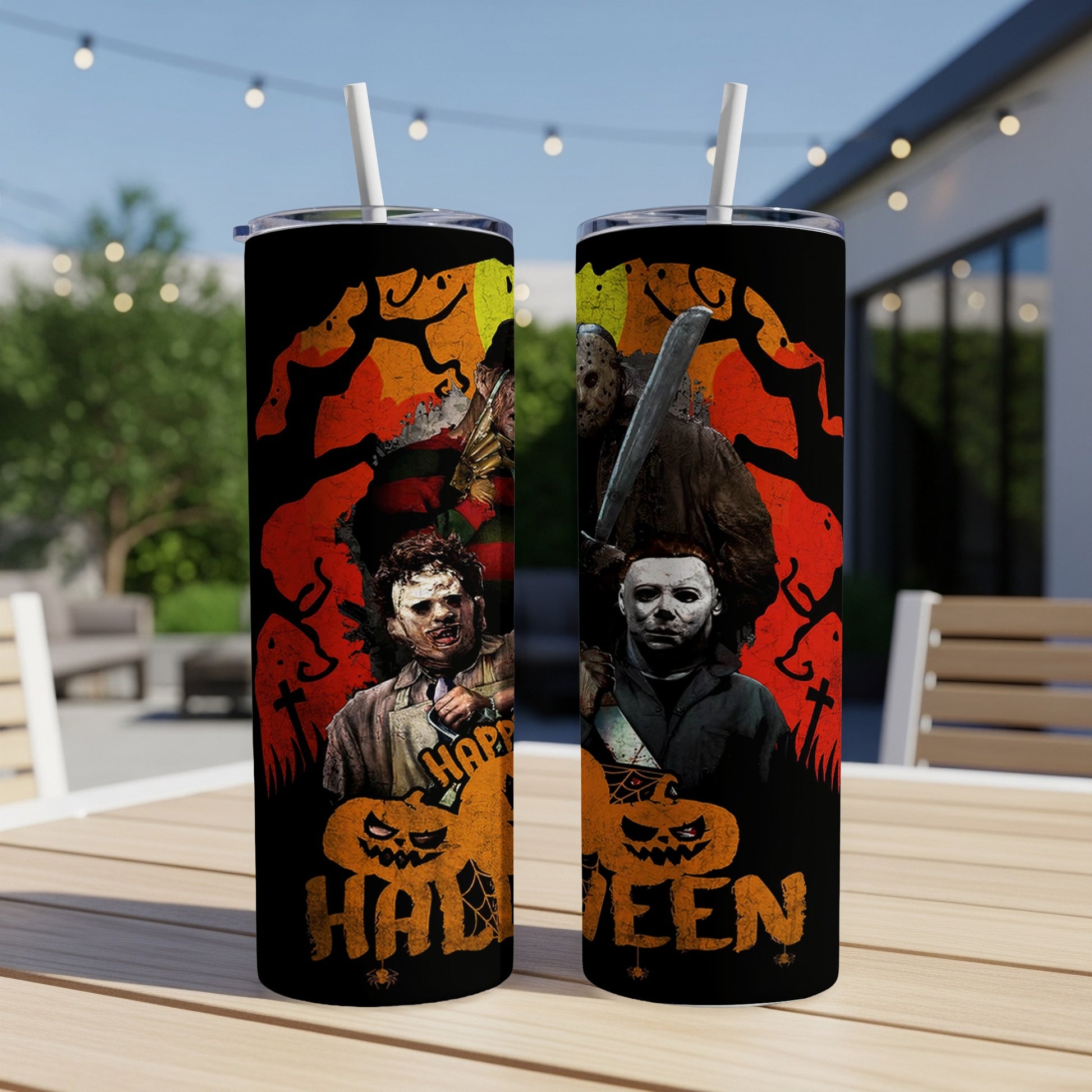 Halloween tumbler featuring Freddy Krueger, Jason Voorhees, and Michael Myers.