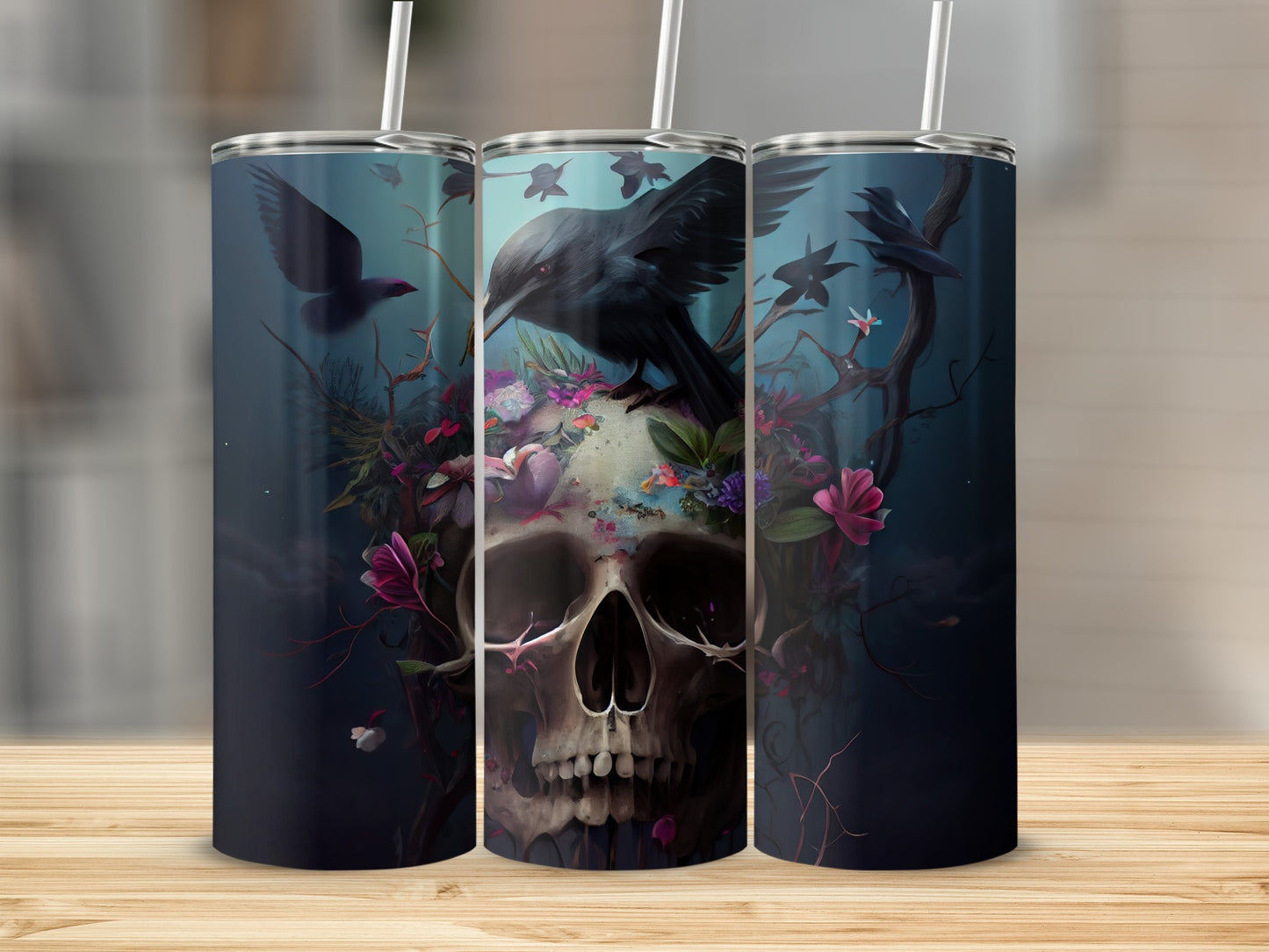 Gothic Skull with Black Birds and Flowers Tumbler