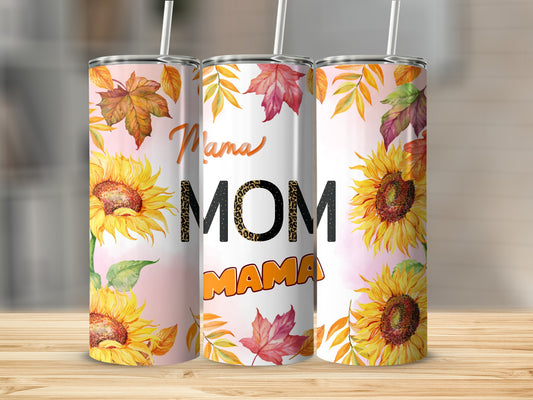 Floral Sunflower and Fall Leaves Mom Mama Tumbler