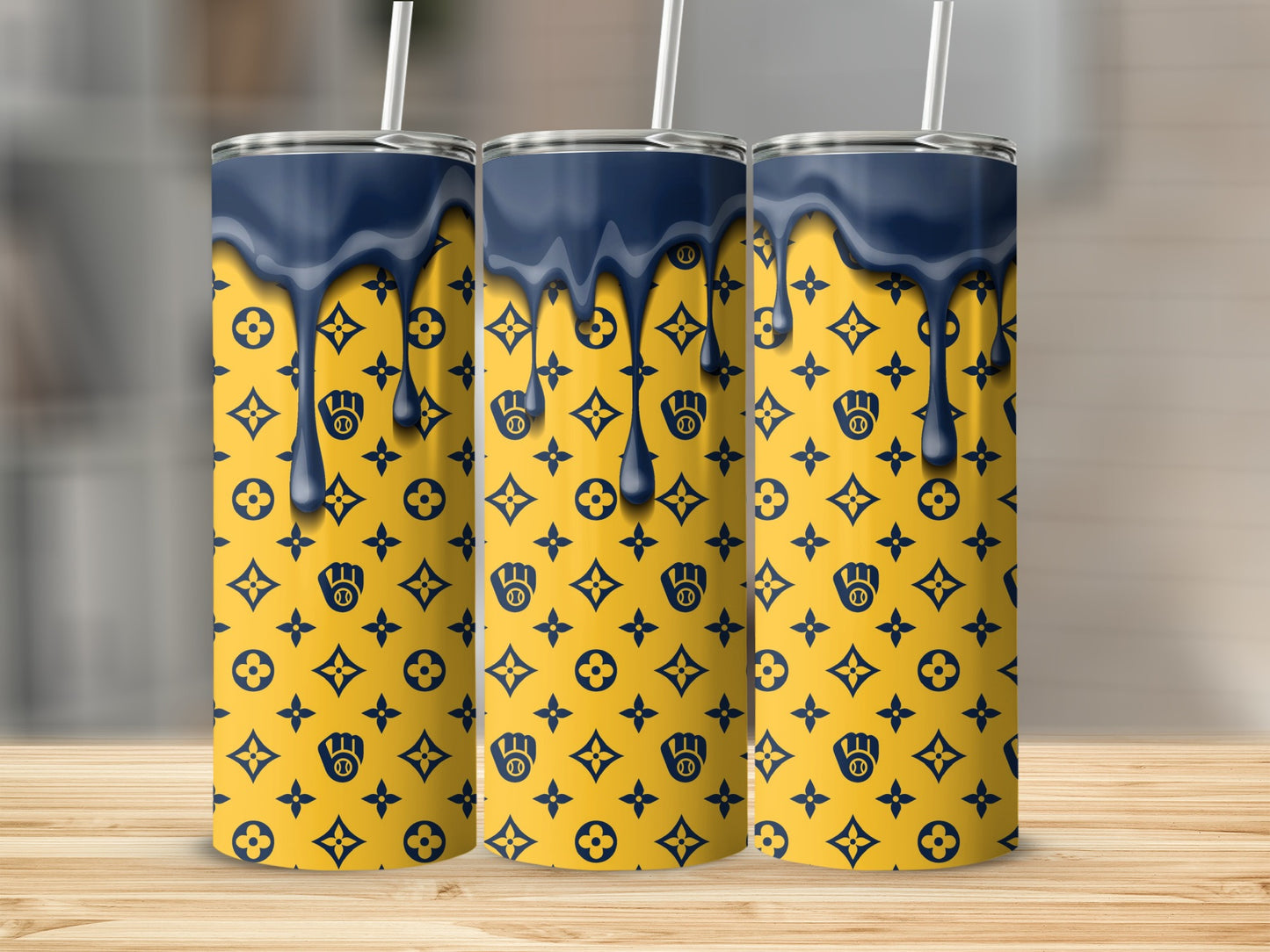 Baseball Glove Pattern With Dark Blue Drip Art Tumblers