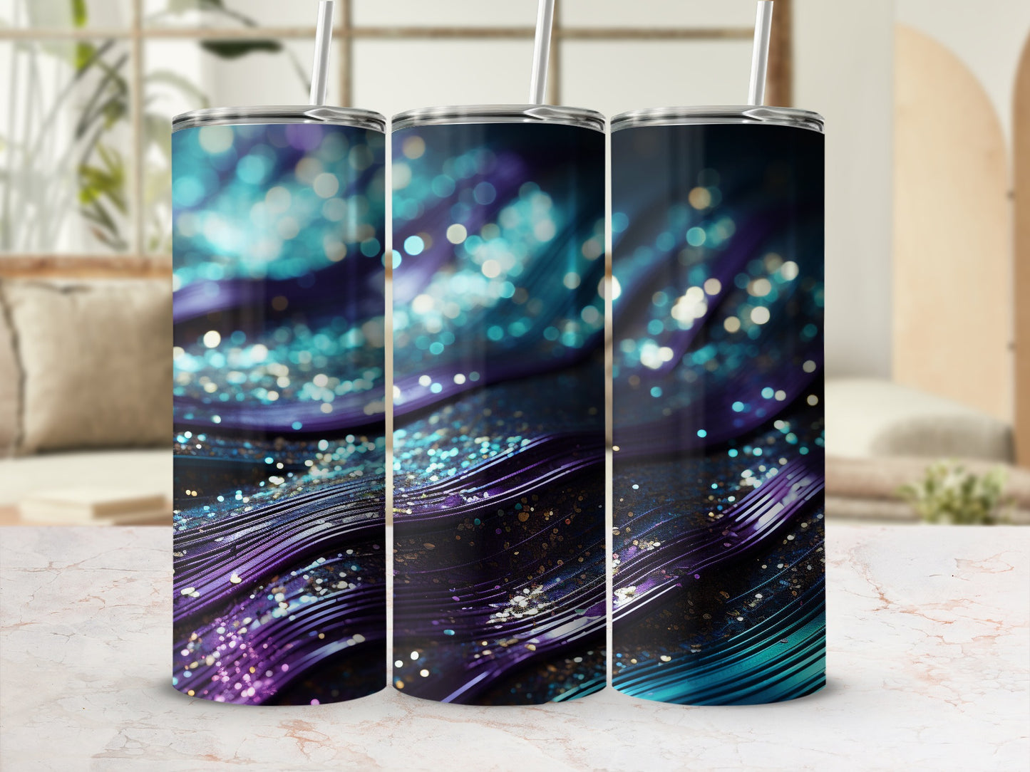 Glittery abstract purple blue bokeh waves tumbler product type
