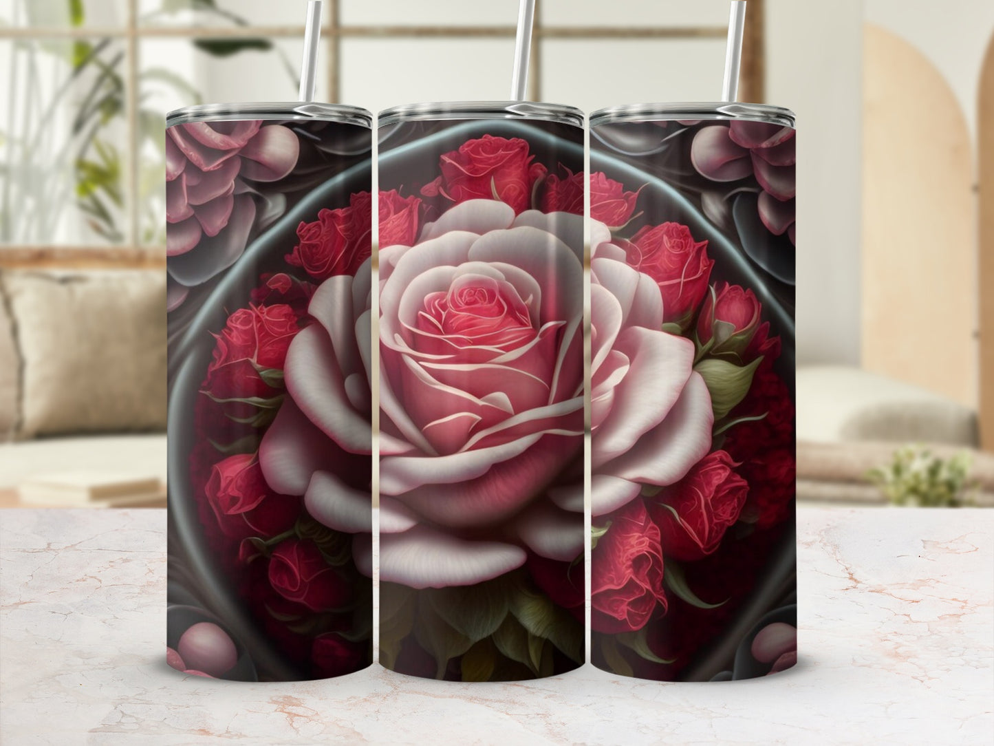 Elegant Rose and Floral Design Tumbler Flask
