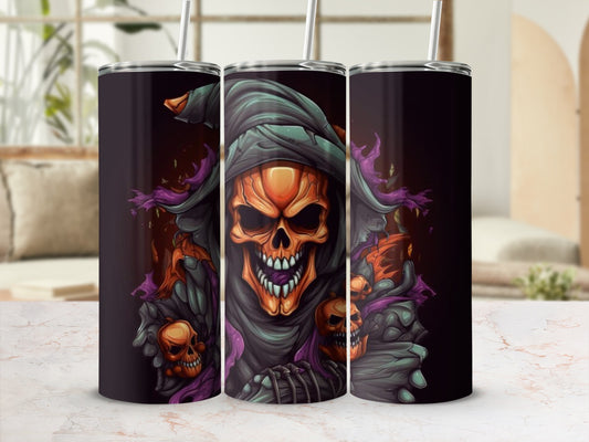 Three tumblers featuring a grim reaper skeleton with jack-o'-lanterns and purple accents.