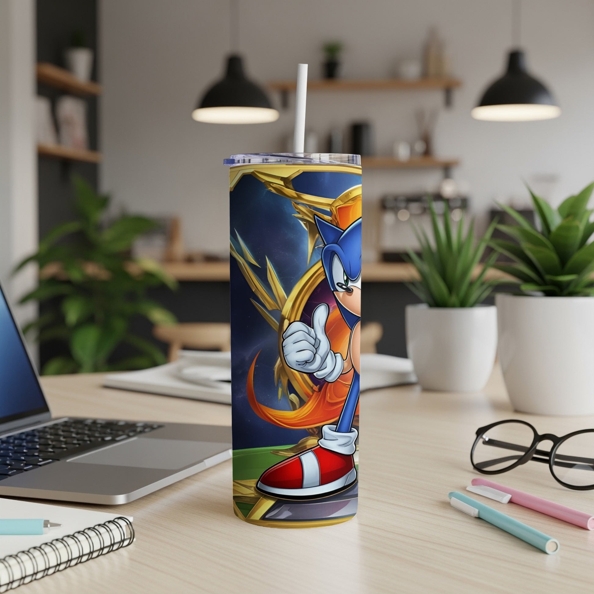 Sonic the Hedgehog on a tumbler with a white straw and a desk background.