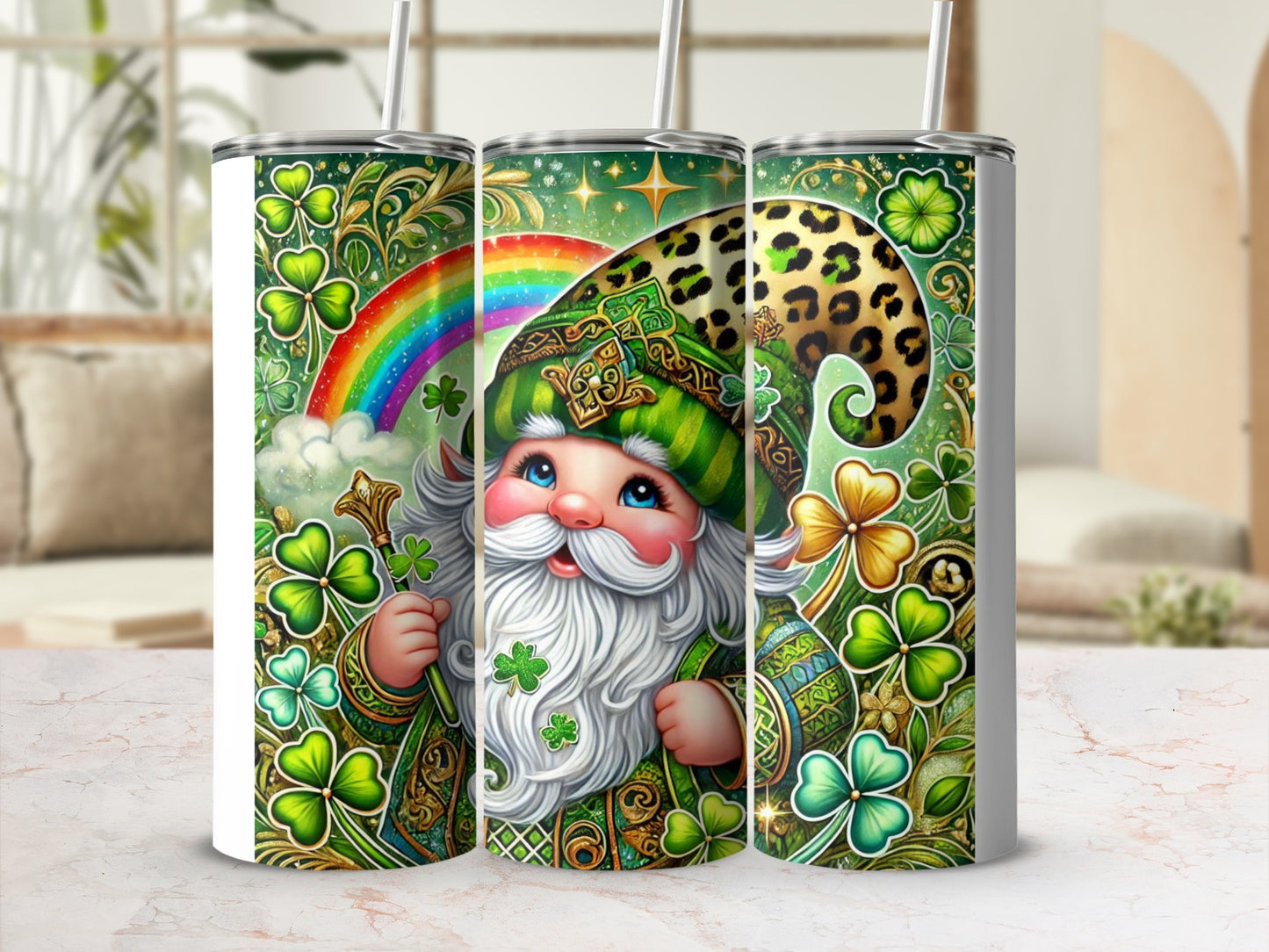 Leprechaun in green with shamrocks and leopard print details on a tumbler.