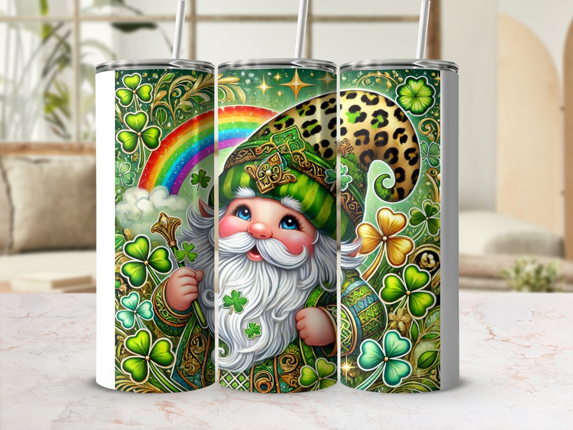 Leprechaun in green with shamrocks and leopard print details on a tumbler.