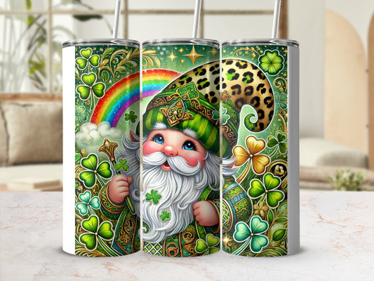 Leprechaun in green with shamrocks and leopard print details on a tumbler.