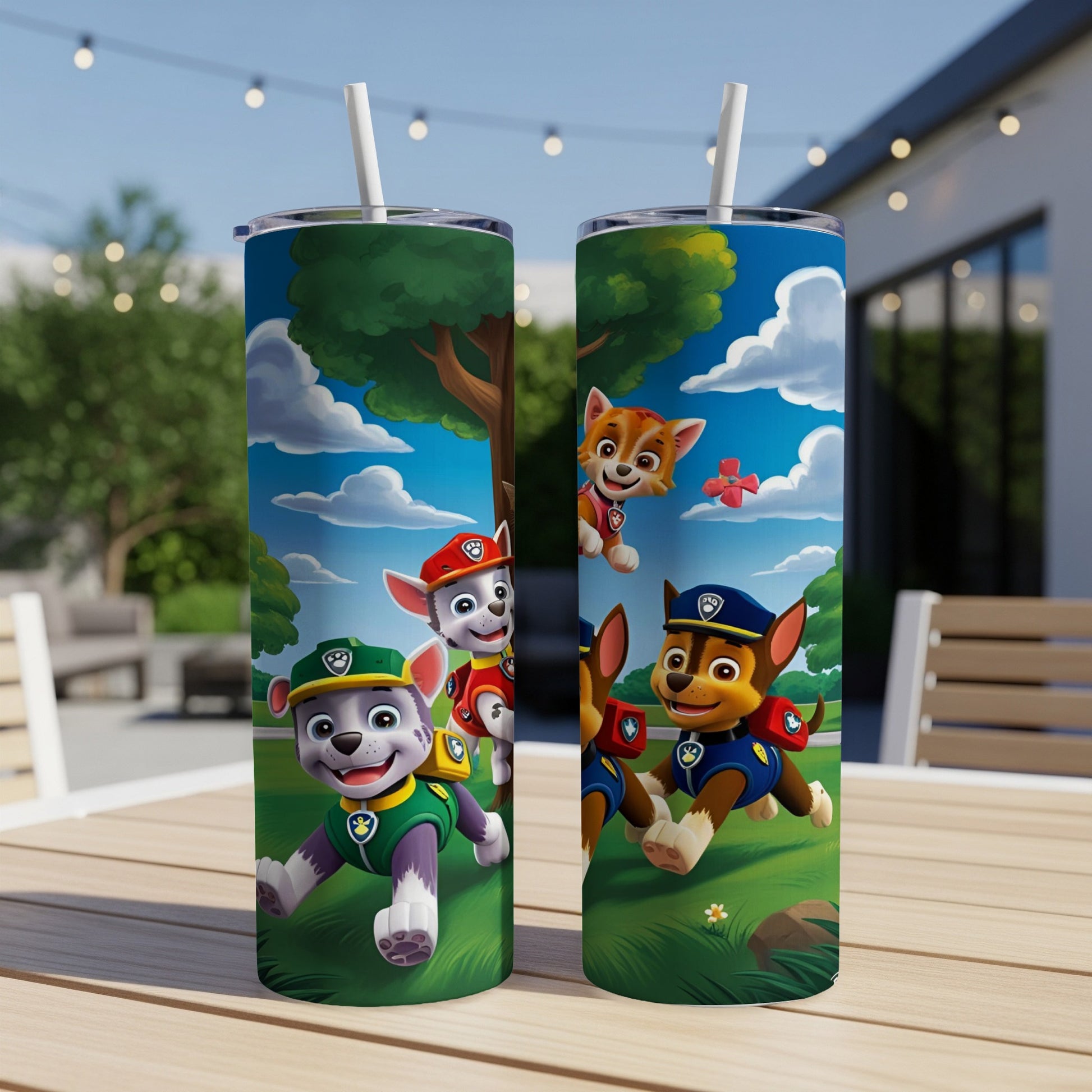 Paw Patrol characters Chase and Marshall on a colorful tumbler with a straw.
