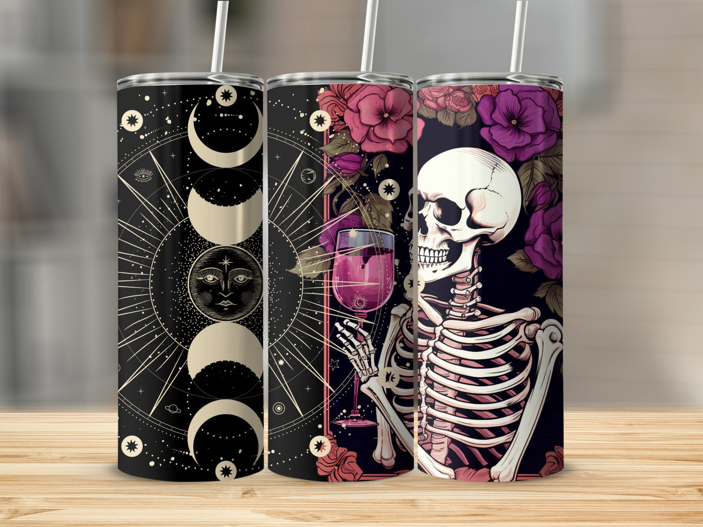 Moon Phases and Skeleton with Flowers Tumblers
