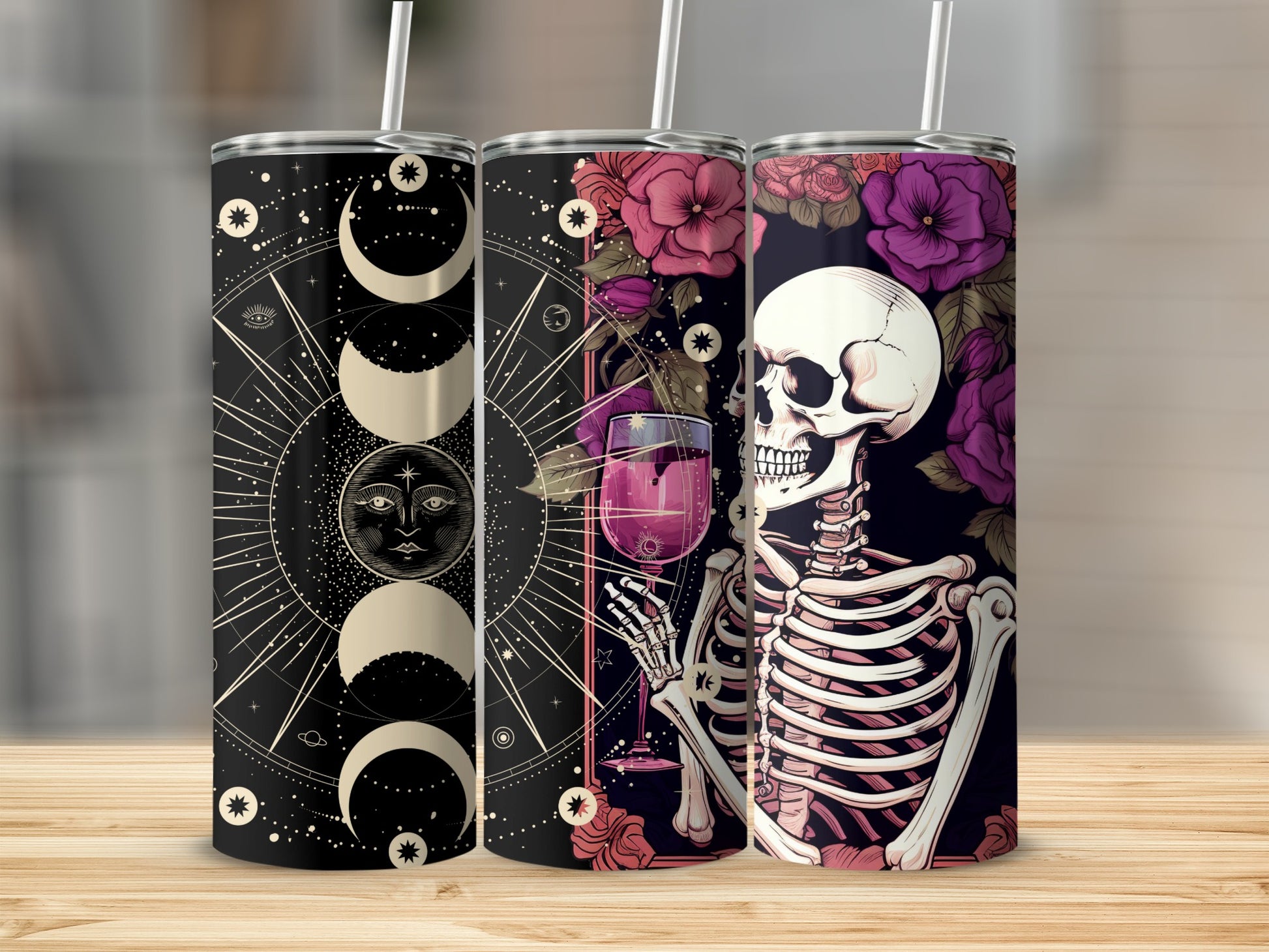 Moon Phases and Skeleton with Flowers Tumblers