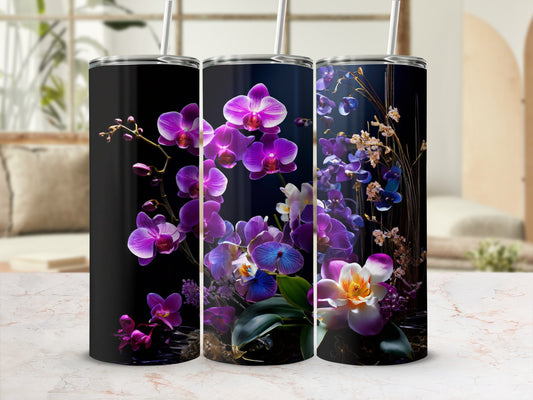 Three tumblers with purple orchids and delicate blue and white flowers.