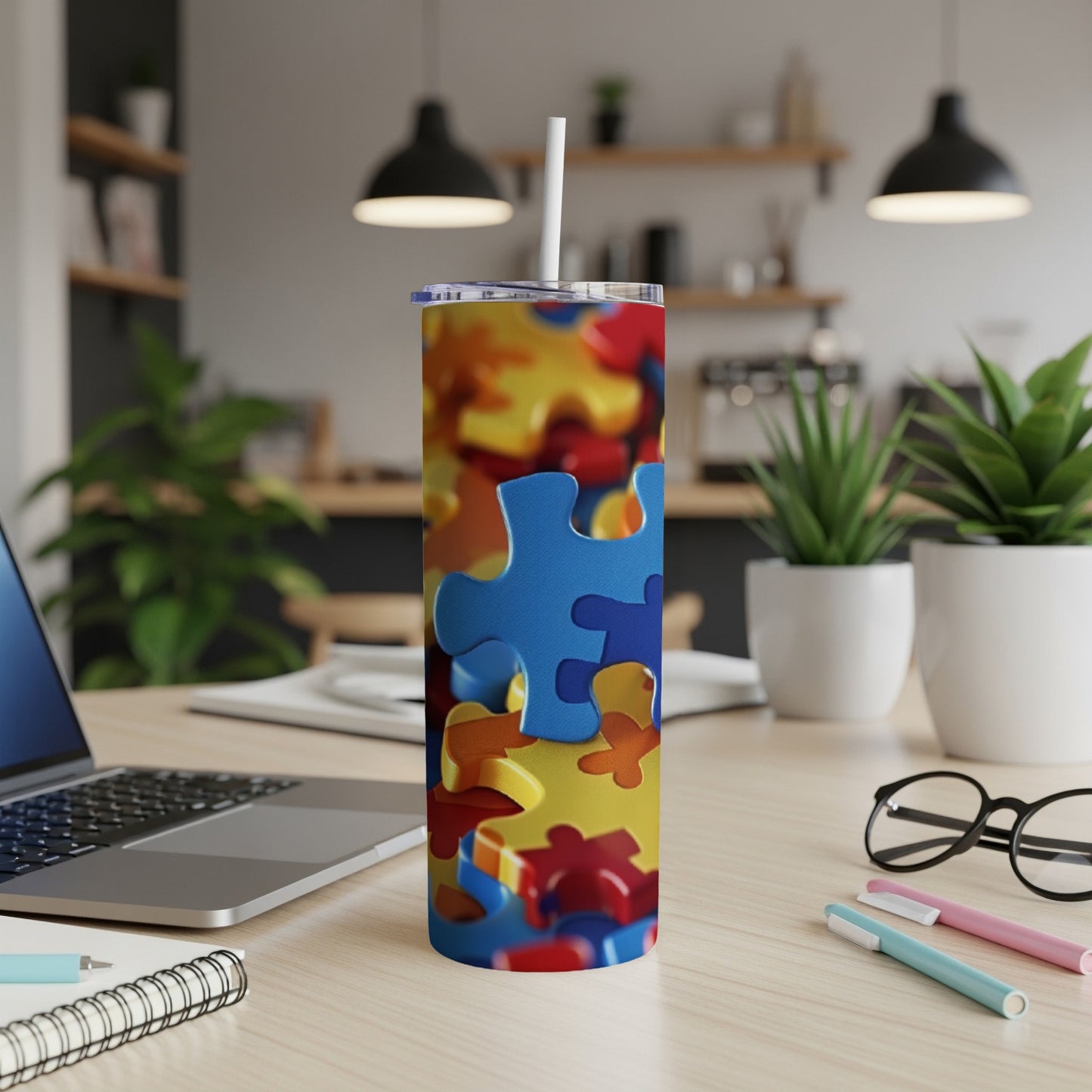 Colorful autism puzzle piece tumbler with a white straw on a desk.
