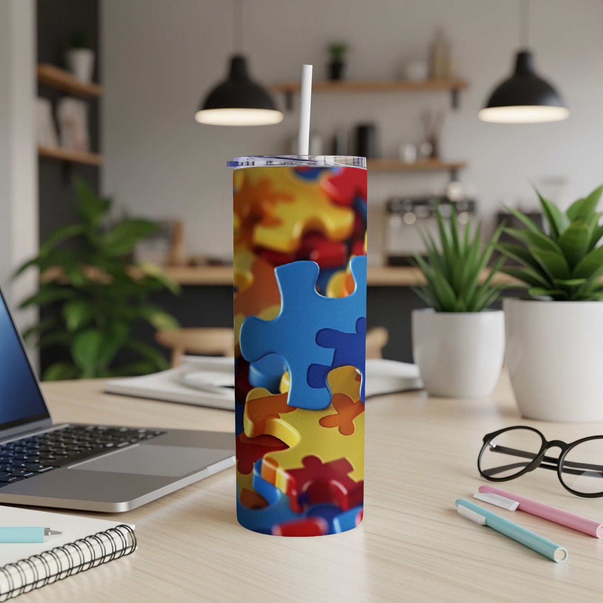 Colorful autism puzzle piece tumbler with a white straw on a desk.