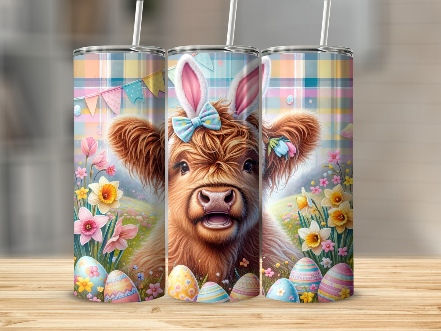 Cow with bunny ears and Easter eggs, checkered background.