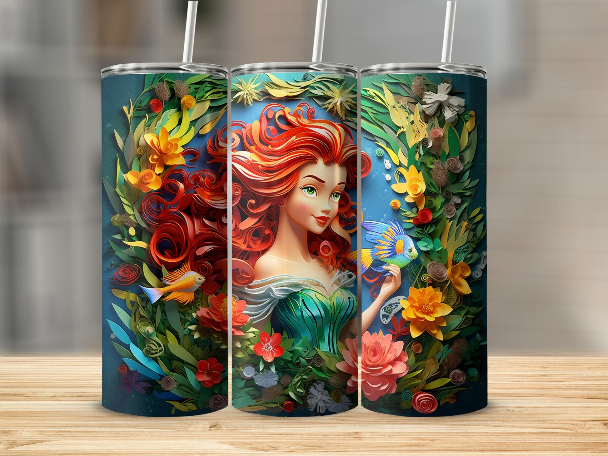 Mermaid Themed Floral and Oceanic Design Tumbler