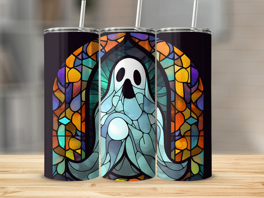 Ghost in stained glass design on three tumblers.
