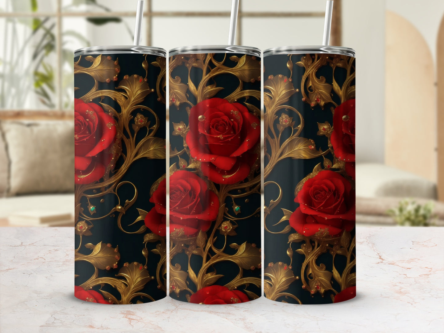 Three tumblers with red roses and gold floral accents on a black background.