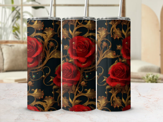 Three tumblers with red roses and gold floral accents on a black background.