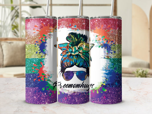 Rainbow glitter tumbler with messy bun mom and sunglasses.