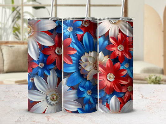 Three tumblers with patriotic red, white, and blue floral designs.