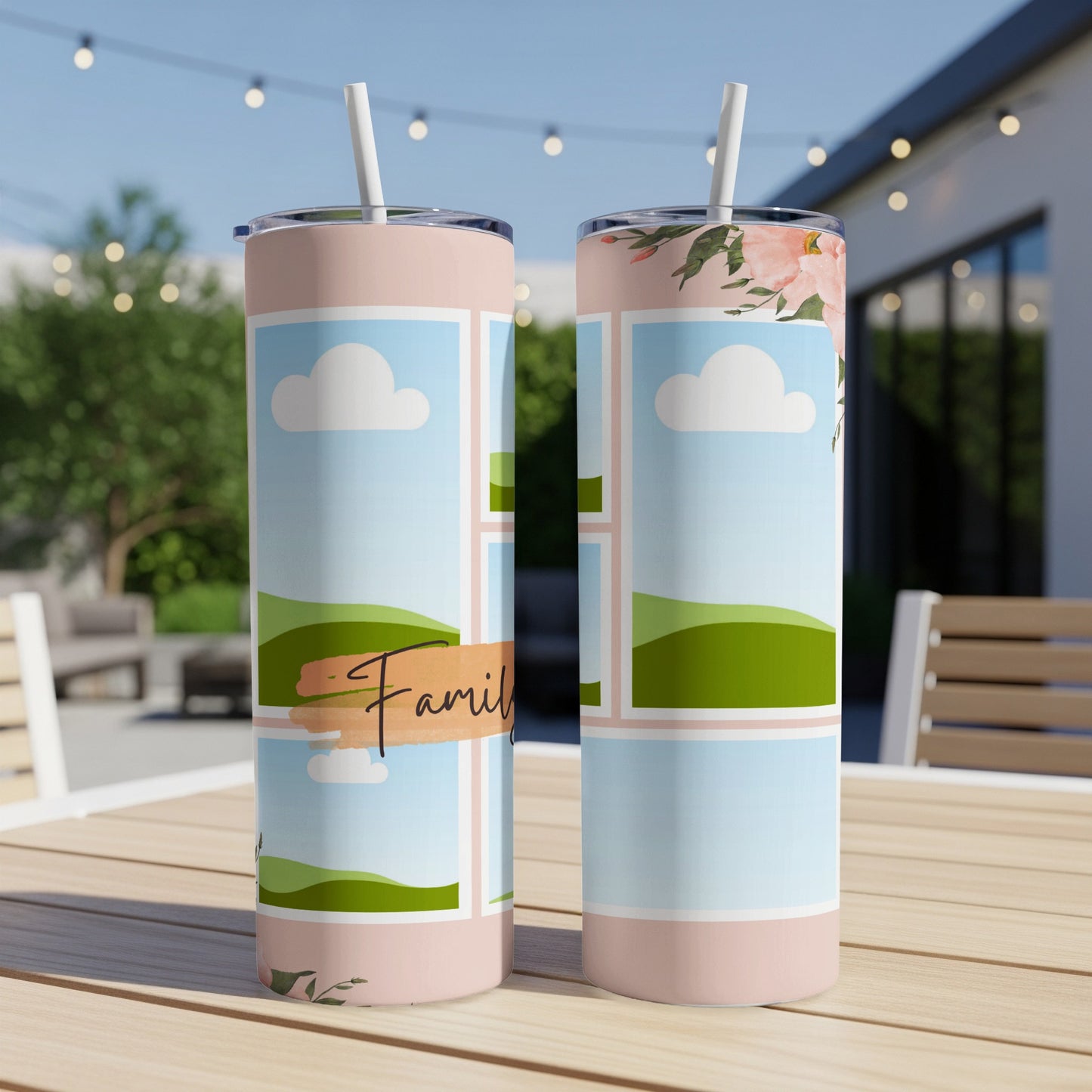 Two tumblers with a pastel landscape design and "Family" text.