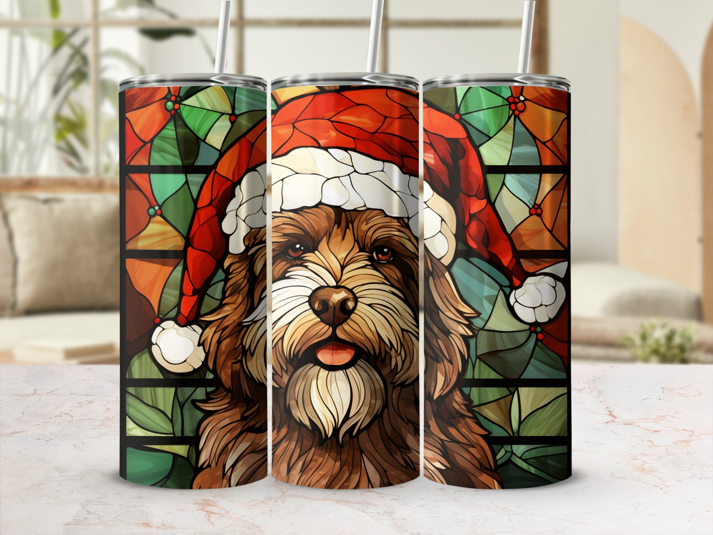 Christmas dog with Santa hat, stained glass background, tumbler.