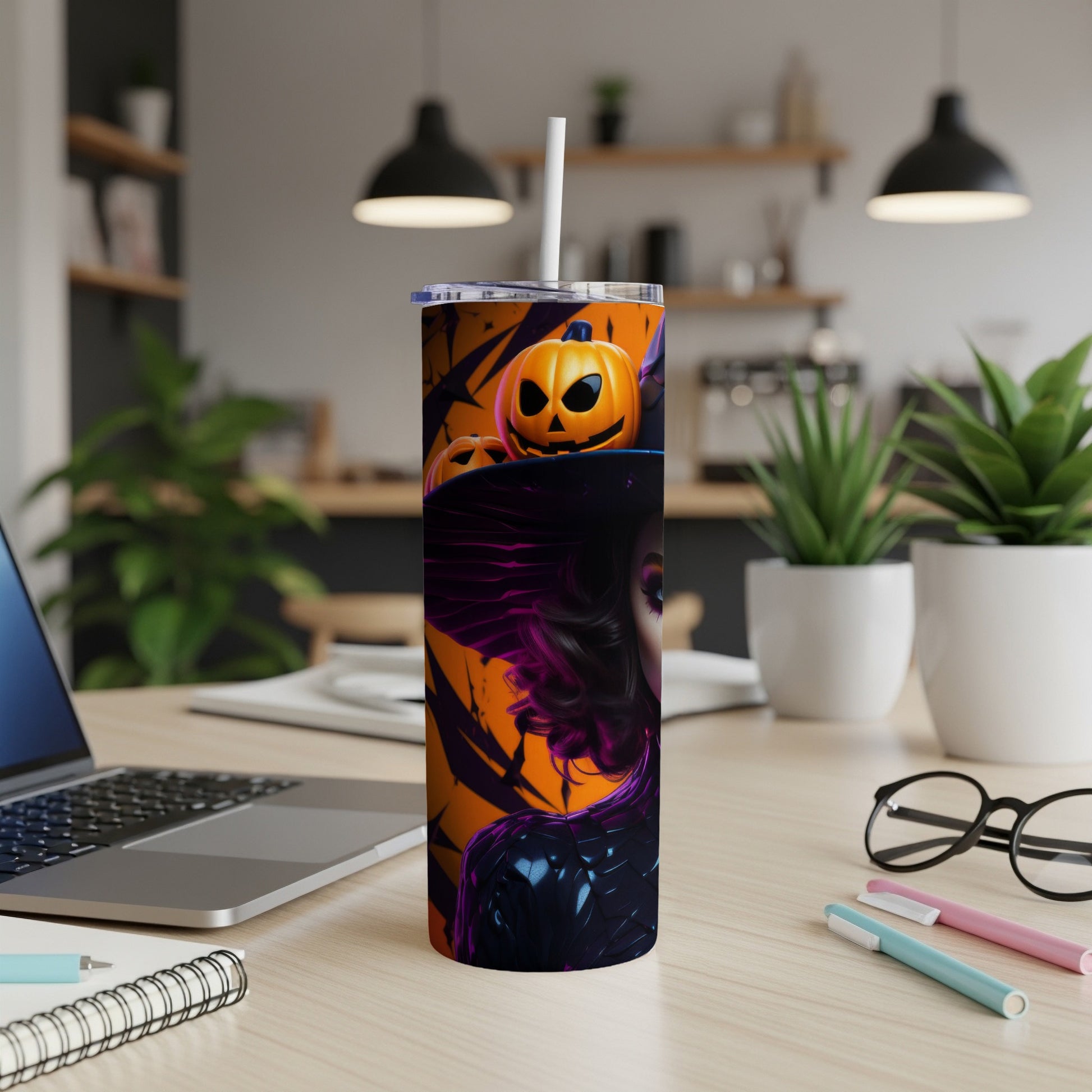 Tumbler with a witch and pumpkins on an orange background
