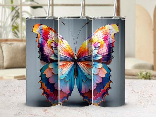 Three tumblers with colorful butterfly wings pattern.